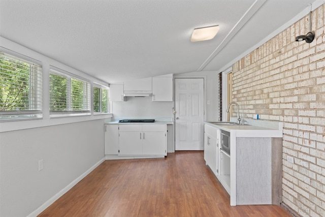 kitchen featuring hardwood / wood-style flooring, brick wall, white cabinetry, and sink