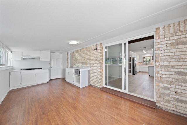 unfurnished living room featuring brick wall, sink, and light hardwood / wood-style floors