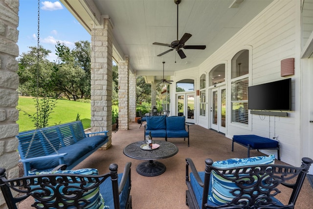 view of patio with an outdoor hangout area, ceiling fan, and french doors