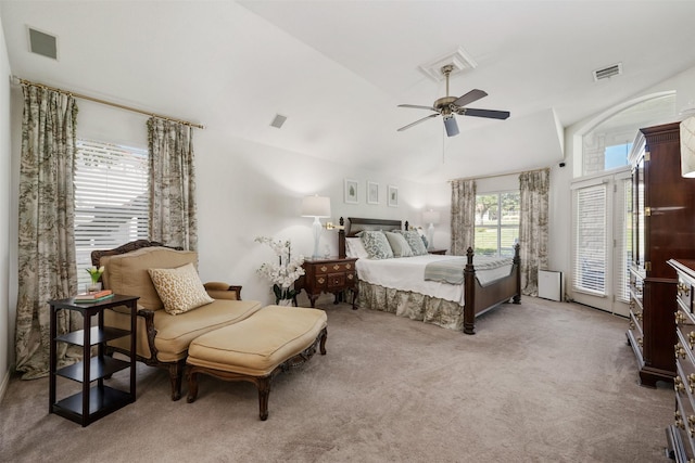 bedroom featuring access to outside, light colored carpet, and ceiling fan