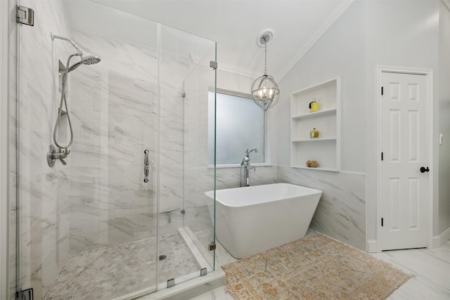 bathroom featuring tile walls, vaulted ceiling, ornamental molding, and shower with separate bathtub