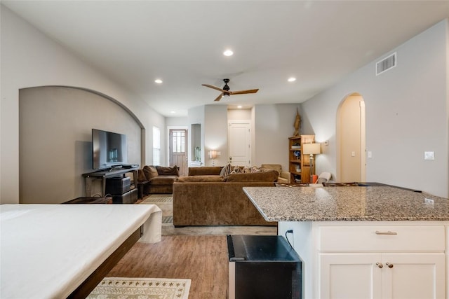 kitchen with white cabinetry, ceiling fan, light stone counters, light hardwood / wood-style flooring, and a kitchen island