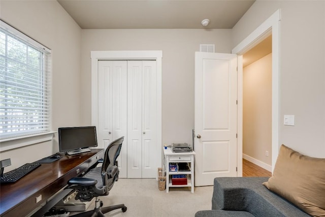 view of carpeted home office