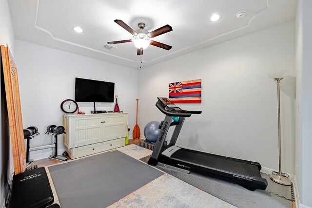 exercise area featuring ceiling fan and hardwood / wood-style flooring