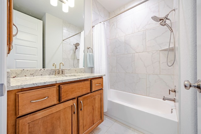 bathroom featuring shower / tub combo with curtain and vanity