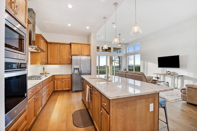 kitchen with sink, wall chimney range hood, light hardwood / wood-style flooring, stainless steel appliances, and a center island with sink