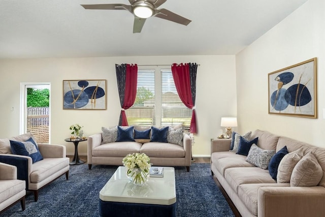 living room with ceiling fan