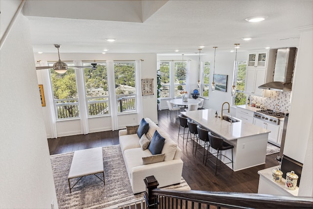 living room featuring dark wood finished floors, a wealth of natural light, and recessed lighting