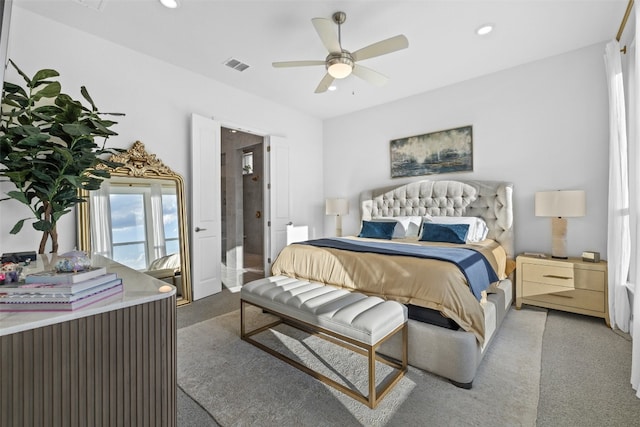 carpeted bedroom featuring a ceiling fan, access to outside, visible vents, and recessed lighting