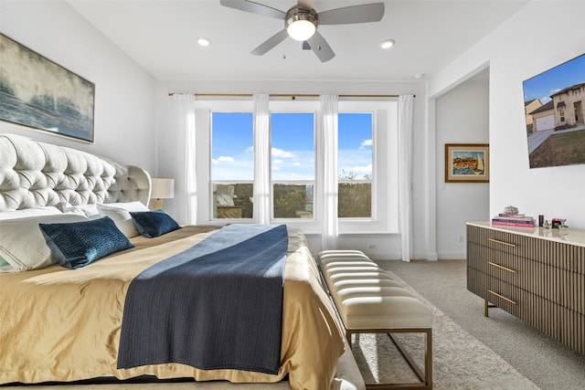 bedroom with carpet floors, a ceiling fan, and recessed lighting