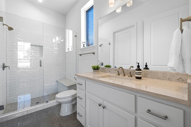 full bathroom featuring toilet, a shower stall, and vanity