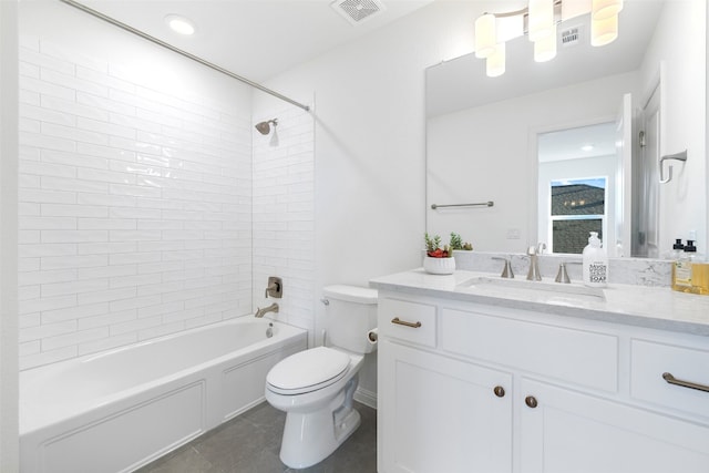 full bath with toilet, bathtub / shower combination, visible vents, and vanity