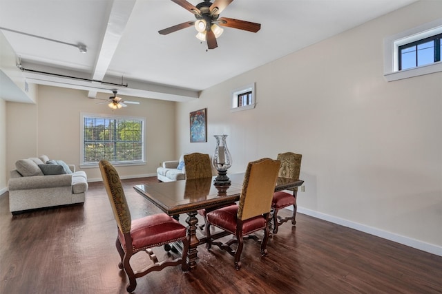 dining room featuring beam ceiling, ceiling fan, and dark wood-type flooring