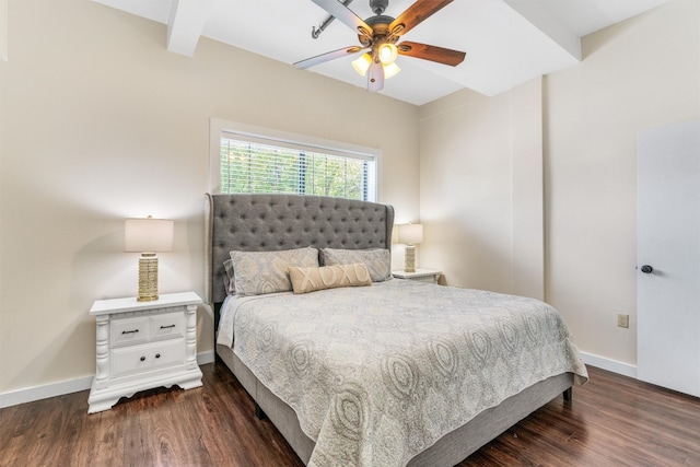 bedroom with dark hardwood / wood-style flooring and ceiling fan