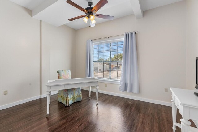 home office featuring beam ceiling, ceiling fan, and dark wood-type flooring