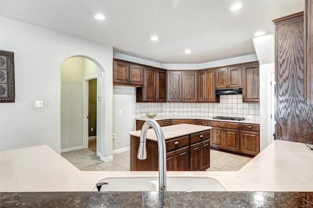 1102 Canyon Maple Rd, Pflugerville, TX 78660 - kitchen featuring gas stovetop, extractor fan, arched walkways, a sink, and tasteful backsplash