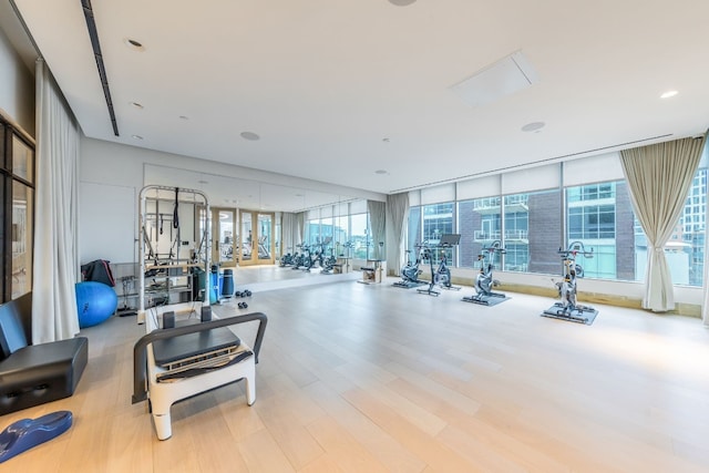 workout area featuring expansive windows and light hardwood / wood-style floors