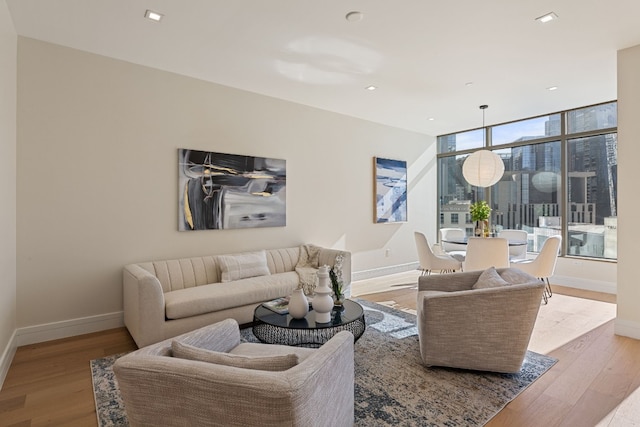 living room featuring expansive windows and light wood-type flooring