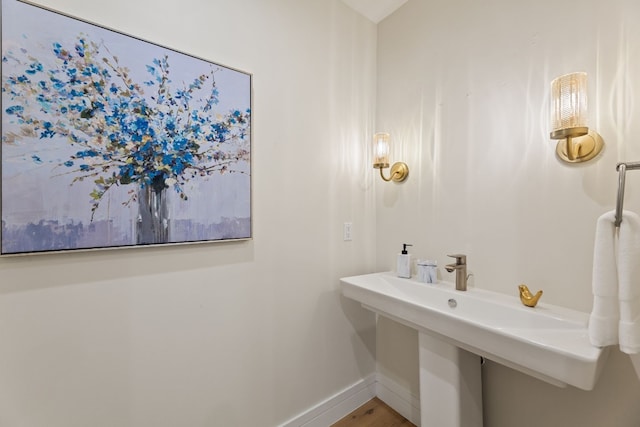 bathroom with hardwood / wood-style floors