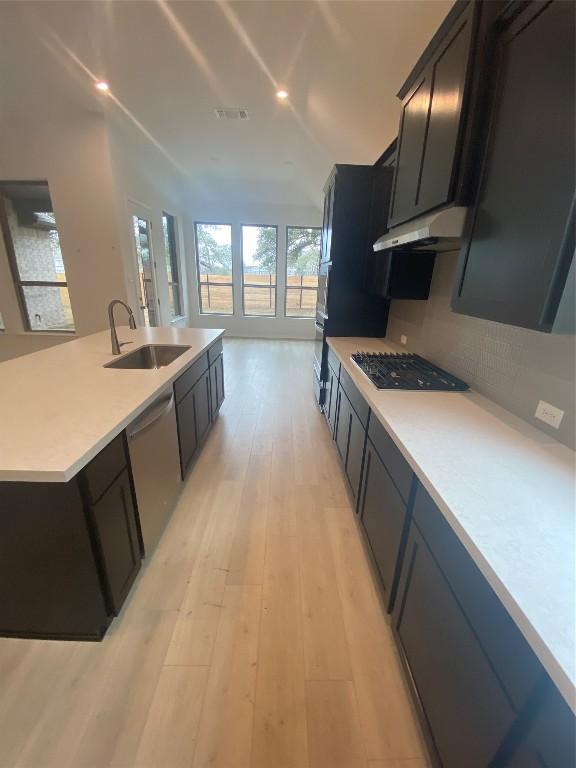 kitchen with sink, light hardwood / wood-style flooring, an island with sink, black gas stovetop, and stainless steel dishwasher