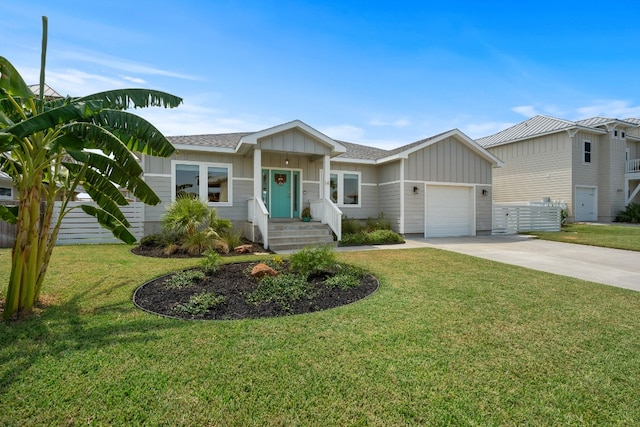 ranch-style house with a garage and a front yard