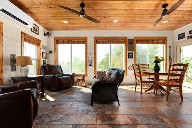 living room featuring a wall mounted air conditioner, wood walls, and wood ceiling