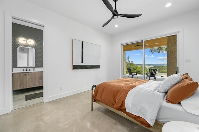 bedroom with access to exterior, ceiling fan, and ensuite bathroom