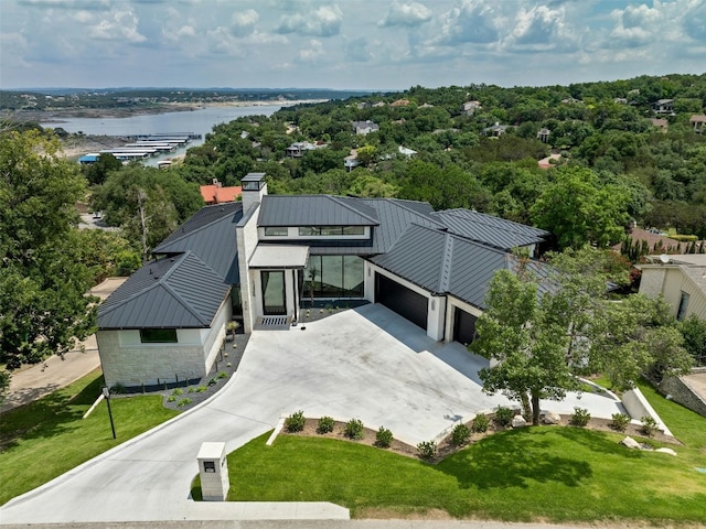 aerial view featuring a water view