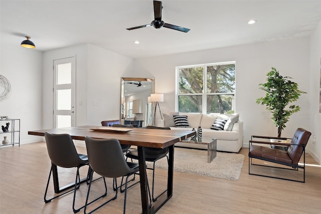 dining room with light wood-type flooring and ceiling fan