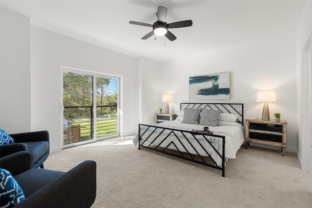 bedroom with light carpet and ceiling fan