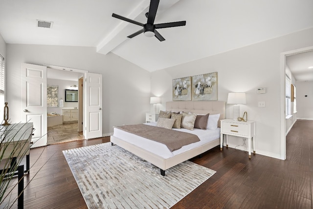 bedroom with connected bathroom, ceiling fan, lofted ceiling with beams, and dark hardwood / wood-style floors