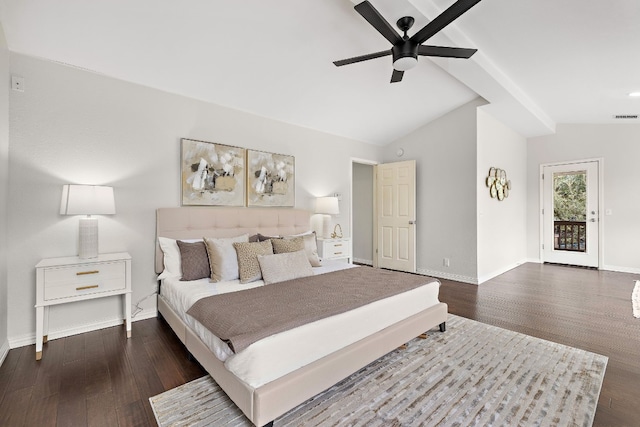 bedroom with access to outside, ceiling fan, dark wood-type flooring, and vaulted ceiling