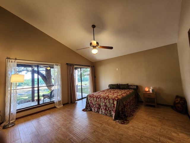 bedroom with ceiling fan, high vaulted ceiling, hardwood / wood-style flooring, and access to outside