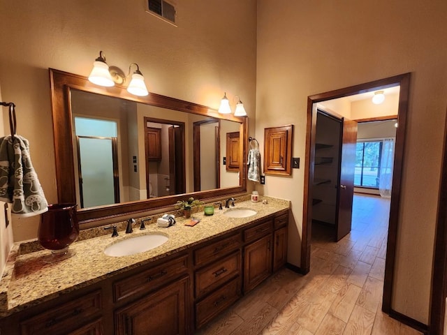 bathroom featuring vanity and hardwood / wood-style flooring