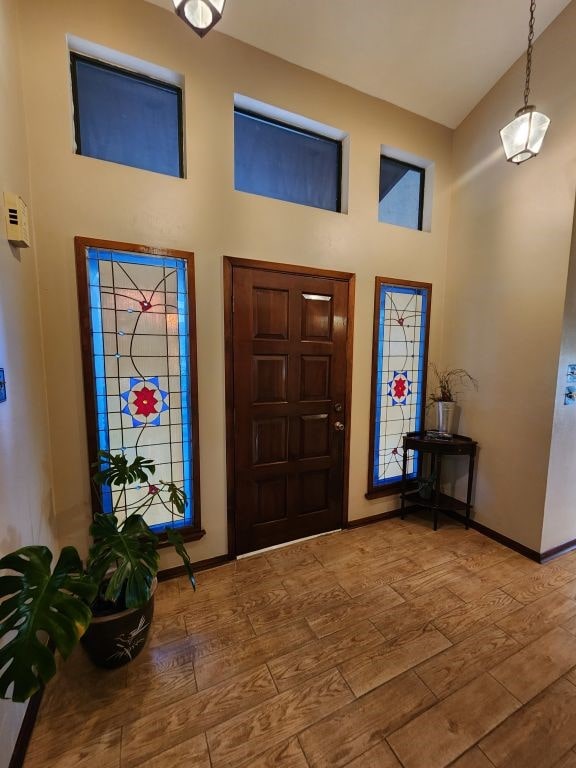 108 Overlook Cir, Wimberley, TX 78676 - foyer entrance featuring baseboards, wood finished floors, and a high ceiling