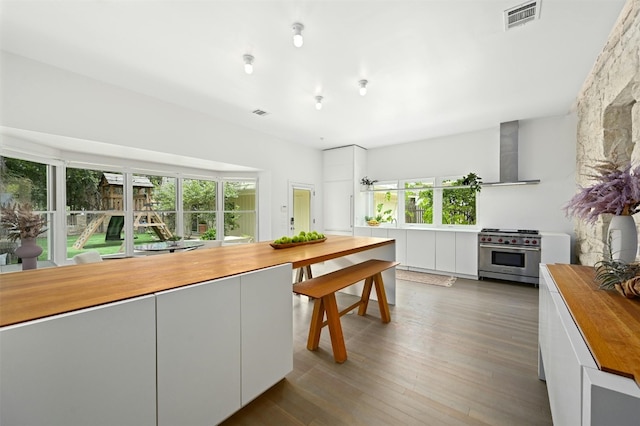 kitchen with plenty of natural light, designer range, hardwood / wood-style flooring, and wooden counters