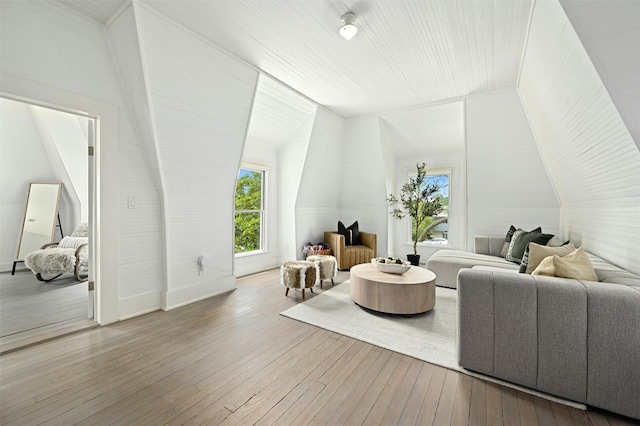 interior space with wood-type flooring and vaulted ceiling