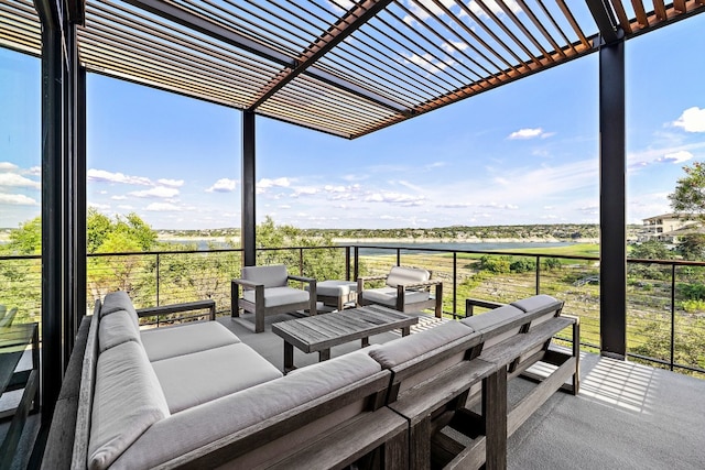 wooden deck featuring an outdoor living space, a pergola, and a water view