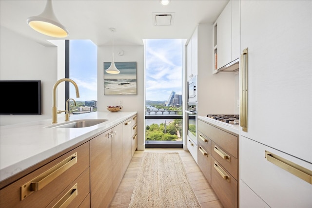 kitchen featuring light hardwood / wood-style flooring, decorative light fixtures, stainless steel appliances, white cabinetry, and sink