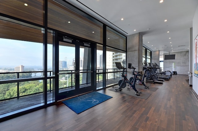 gym featuring dark hardwood / wood-style floors and expansive windows