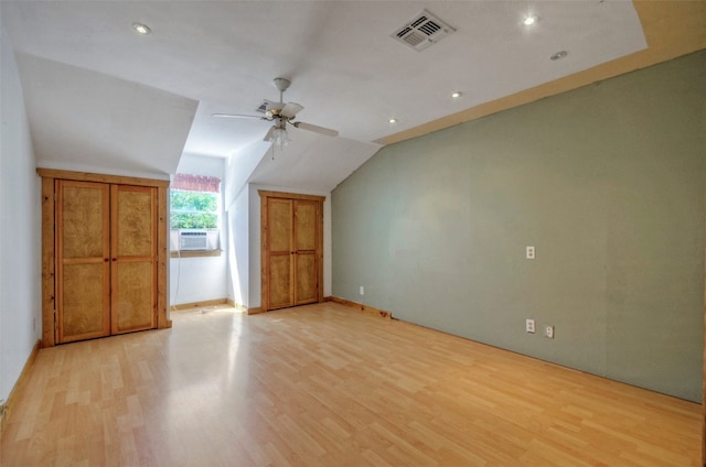 bonus room with cooling unit, ceiling fan, light hardwood / wood-style floors, and vaulted ceiling