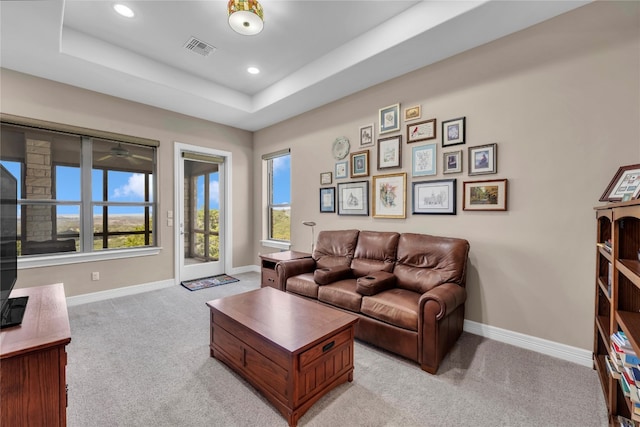 carpeted living room featuring a raised ceiling