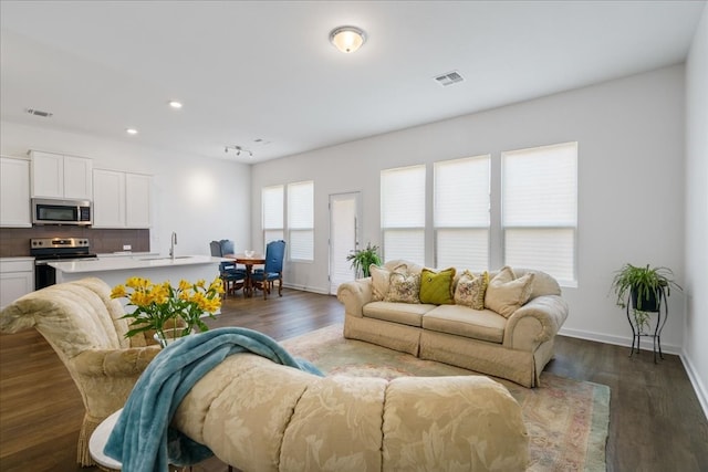 living room with dark wood-type flooring and sink