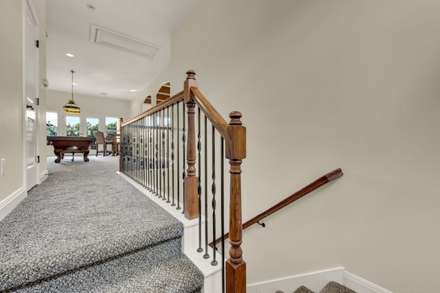 238 Landons Way, Georgetown, TX 78633 - stairway featuring baseboards, carpet flooring, and attic access