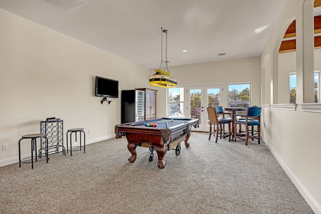 rec room featuring pool table, carpet flooring, and french doors