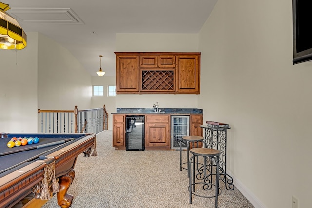 game room with indoor wet bar, wine cooler, light colored carpet, and billiards