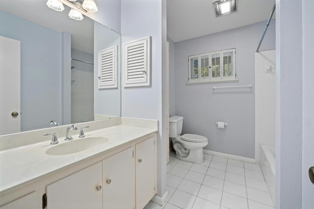 7110 Sungate Dr, Austin, TX 78731 - full bathroom featuring tile patterned flooring, vanity, toilet, baseboards, and shower / washtub combination