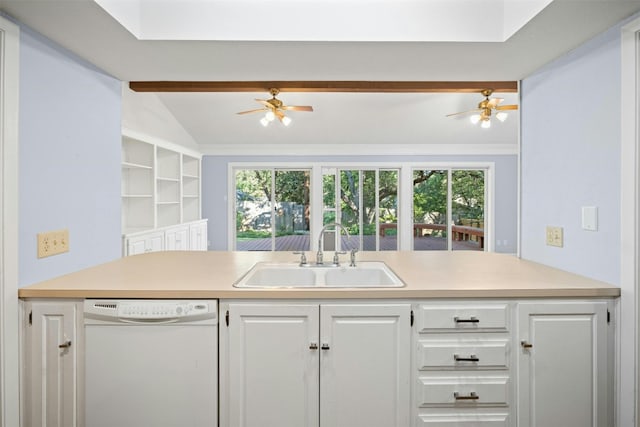 7110 Sungate Dr, Austin, TX 78731 - kitchen with a ceiling fan, white dishwasher, light countertops, white cabinets, and a sink