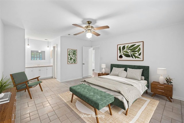 7110 Sungate Dr, Austin, TX 78731 - bedroom featuring ensuite bathroom, baseboards, ceiling fan, and light tile patterned flooring