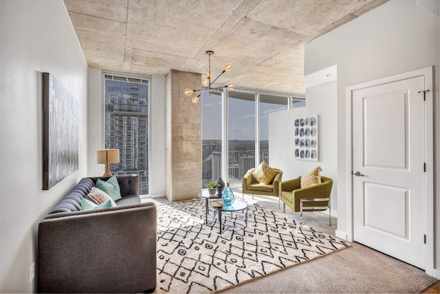 interior space with a wall of windows, carpet floors, and a chandelier